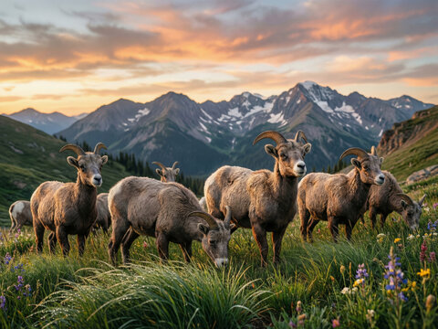 Troupeau de mouflons bighorns majestueux dans une prairie subalpine ensoleill&eacute;e avec des montagnes enneig&eacute;es en arri&egrave;re-plan