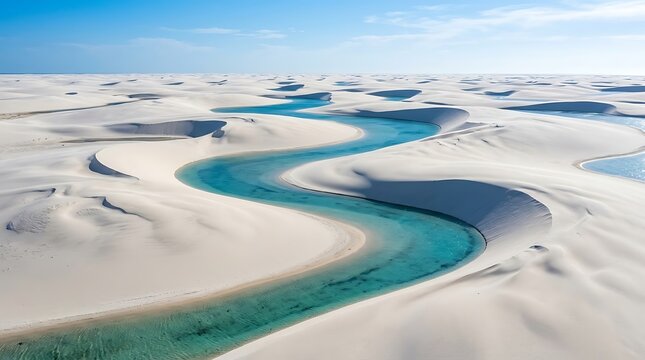 Aerial view of the stunning lenis maranhenses national park in brazil with turquoise lagoons between white sand dunes