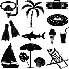 Summer beach vacation icon collection, tropical leisure silhouette vector illustration isolated design elements set © MdMotiur