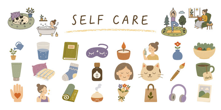 セルフケアをテーマにした暮らしのアイコンセット／Self Care, Wellness, Lifestyle, Relaxation Icon Set