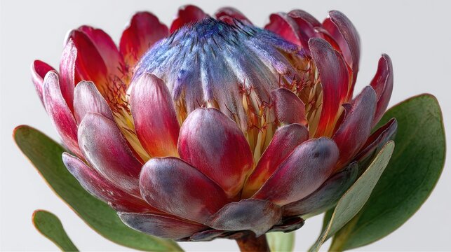 Protea flower, isolated on a clean white background, highlighting its unique shape and vibrant colors.