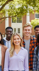 Fototapeta premium Group of diverse young people smiling, showcasing camaraderie and achievement in an academic setting, representing education and success
