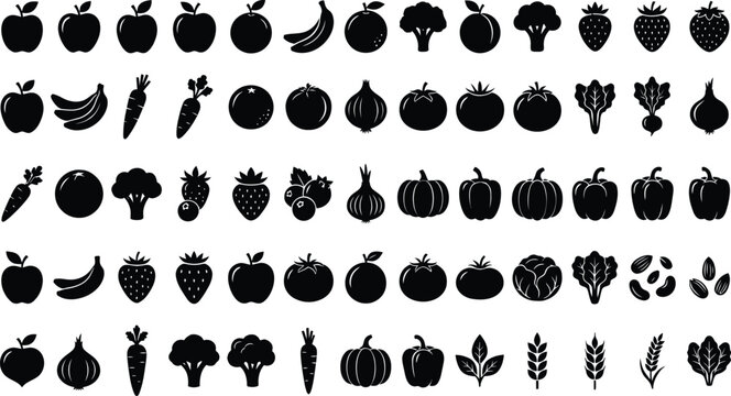 Black and white fruit and vegetable rows of produce silhouettes vegetables
