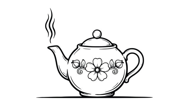 A teapot with a floral and steam rising floral steam simple line black and white minimalistic
