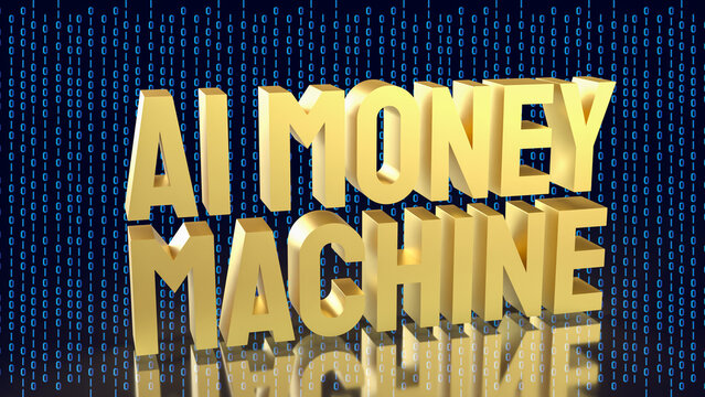Gold AI Money Machine with Digital Binary Background 3d render.