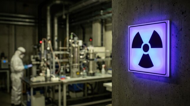 Radiation symbol sign, glowing violet on a gray concrete wall, warning dangerous hazardous material.