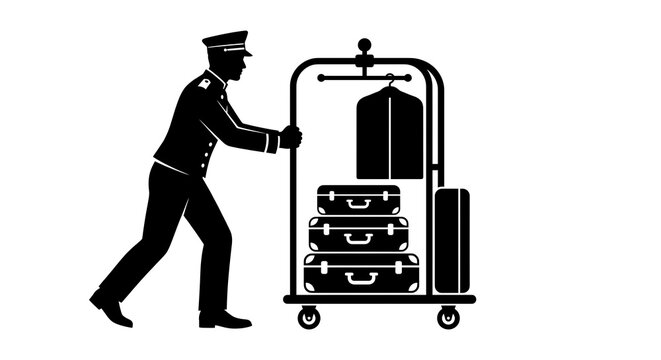 Hotel bellhop pushing cart with luggage and garment bag silhouette