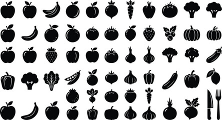 Black and white fruit and vegetable including utensils vegetables symbols © GR Graphics