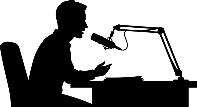 Podcast host or radio announcer speaking into microphone silhouette