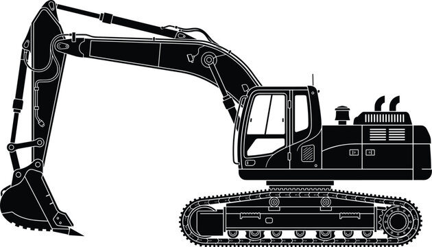 Heavy Construction Excavator Machine Black Silhouette Vector Icon with Detailed Hydraulic Arm and Bucket for Engineering, Building, and Machinery Branding Designs