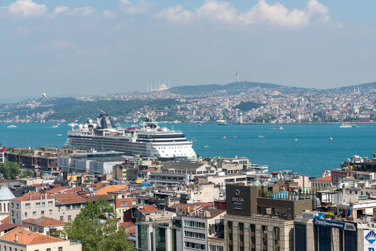 Turkey, Istanbul, June 26, 2026. View of Galataport with buildings, cruise ship and sea in the background on a clear day.