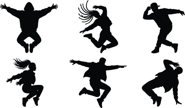 Hip Hop and Street Dance Silhouette Vector Set Featuring Dancers Jumping Popping and Breakdancing in Action Poses for Youth Culture Graphic Designs