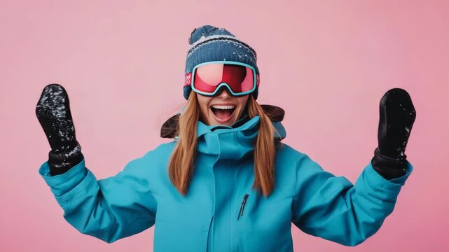 A joyful female skier posing in a blue ski jacket and pink background with her fists raised in the air as if she is celebrating or cheering.