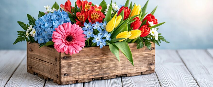 A rustic wooden box filled with colorful spring flowers, illuminated by gentle natural light for bright seasonal displays.