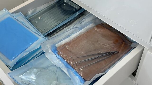 Sterile dental instruments sealed in disposable sterilization pouches stored inside organized clinic drawers ready for safe patient treatment in modern professional dental practice