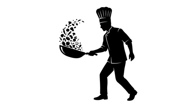 Chef tossing vegetables in a frying pan silhouette