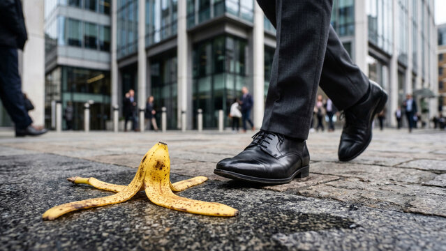 Close-up of a banana peel on a crowded business square about to be stepped on by a businessman in a luxury corporate suit. Corporate risk and financial pitfall concept