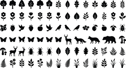 Fototapeta premium Black silhouettes of forest and woodland creatures, plants, and trees on white background
