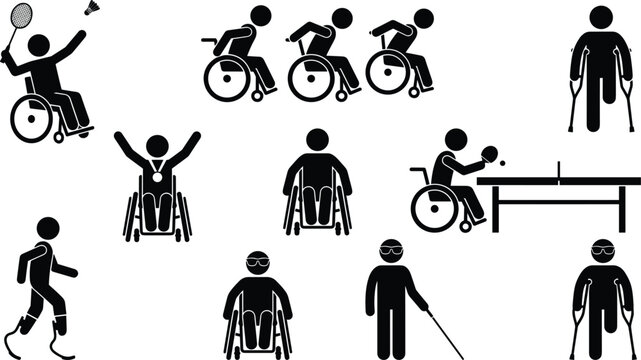 Disabled Athletes Paralympics Sports Pictogram Icon Set with Wheelchair Racing, Badminton, Table Tennis, Running Prosthetics, Blindness, and Amputee Stick Figure Symbols