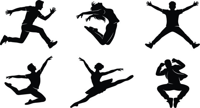 Dynamic Dance and Jump Silhouettes Featuring Ballet Dancers Hip Hop Performers and Joyful Jumping People for Fitness Graphic Elements Vector Illustration Isolated on White Background