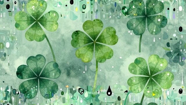 Abstract green four leaf clover pattern with rain drop elements and watercolor texture background