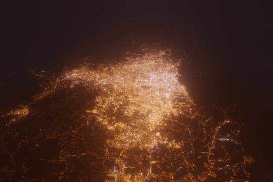 Aerial view on Jakarta (Indonesia) from east. Top view on modern city at night from satellite