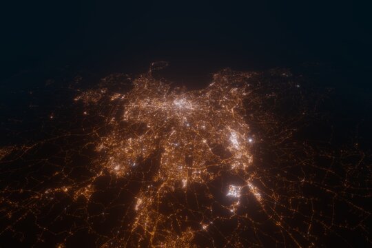 Aerial view on Dublin (Ireland) from west. Satellite view on modern city at night