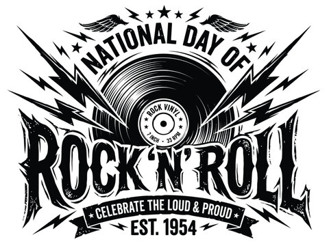 National Day of Rock N Roll Vector Emblem, Retro Vinyl Record Graphic with Lightning Bolts, World Rock Day Celebrate the Loud and Proud Est 1954 Typography Asset