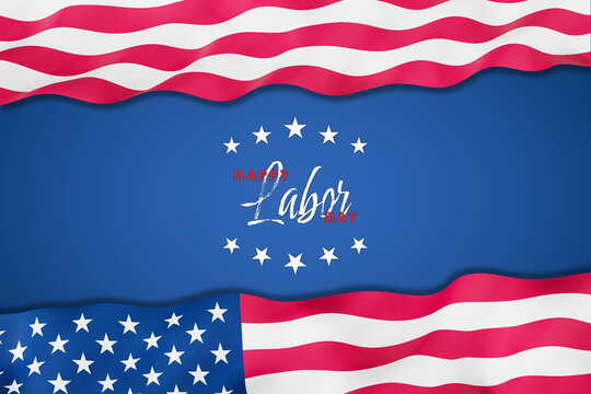The wavey flag of the USA framing a dark blue surface and the text "Happy Labor Day"