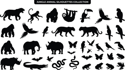 Jungle animal silhouettes, black on white background, collection of 30+ wildlife animals © GR Graphics