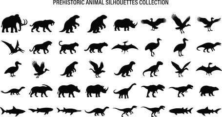 Prehistoric animal silhouettes collection, including dinosaurs, birds, and fish animals © GR Graphics