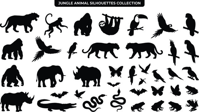 Jungle animal silhouettes, black on white background, collection of 30+ wildlife animals