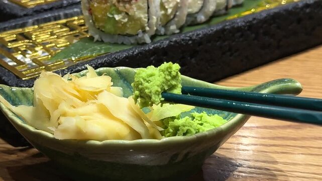 Green chopsticks picking up fresh wasabi from a leaf shaped dish with pickled ginger beside luxury sushi rolls in premium Japanese restaurant fine dining presentation