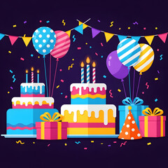 Obraz premium Colorful birthday celebration design with cakes, balloons, gifts, and confetti