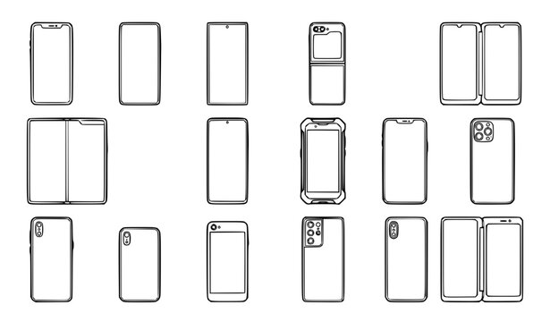 Smartphone and Foldable Mobile Phone Line Art Icon Set with Touchscreen Display and Back Case Symbols for App UI Wireframe Layout Designs
