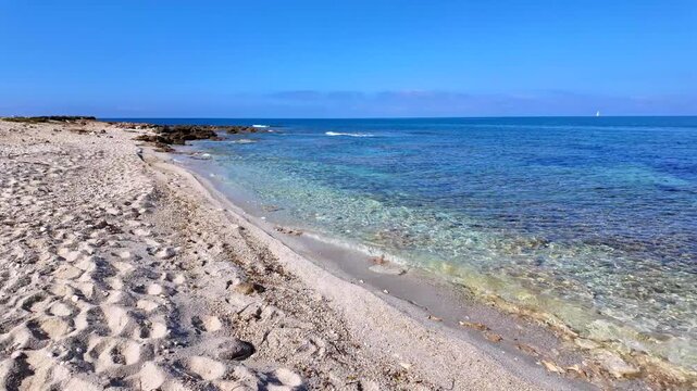 Panoramic view of Is Arutas beach in Sardinia, Italy. Stunning coastline featuring unique white quartz sand and crystal-clear turquoise sea with a rocky seabed under a bright blue sky