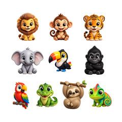 Obraz premium A compilation sheet or sticker pack graphic showing ten distinct 3D cartoon jungle animal characters arranged in a neat grid on a crisp white background.