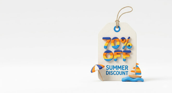 White plastic price tag with 70 percent off summer discount text, clay or plasticine beach umbrella and toy boat. Promotional offer rebate ecommerce marketing. Special sale promotion with copy-space.