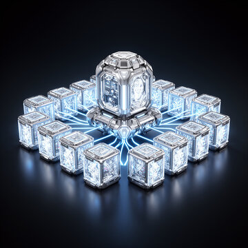 Futuristic Geometric Core with Glowing Data Cubes