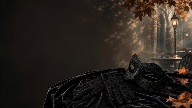 Venetian masquerade mask and black lace gloves on velvet fabric against a European street cafe backdrop, reflecting elegant dark romance and mysterious autumn carnival style