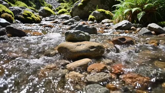 Peaceful mountain stream flowing over smooth stones in lush green nature