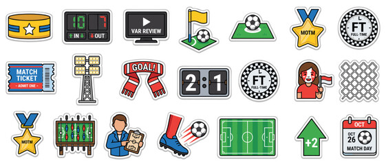 Football sticker pack vector illustration set with soccer ball scoreboard referee stadium lights match ticket flag fan and field icons for sports app design  © Ahmed