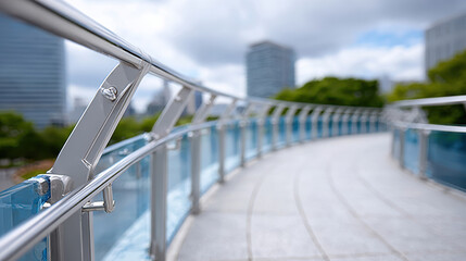 Naklejka premium Urban architecture: curved pedestrian bridge spanning road in cityscape