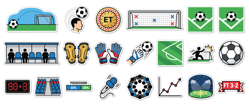 Goalkeeper equipment sticker pack vector illustration set with soccer pitch goal net possession bar gloves and substitute bench icons for sports app design
