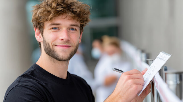 Young man filling out a travel form at a consulate desk smiling while registering for a visa appointment for travel brochure background banner