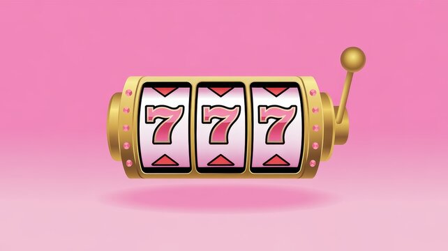 Golden slot machine with triple seven jackpot, lucky 777 casino gambling concept, 3d render of gaming machine on pink background