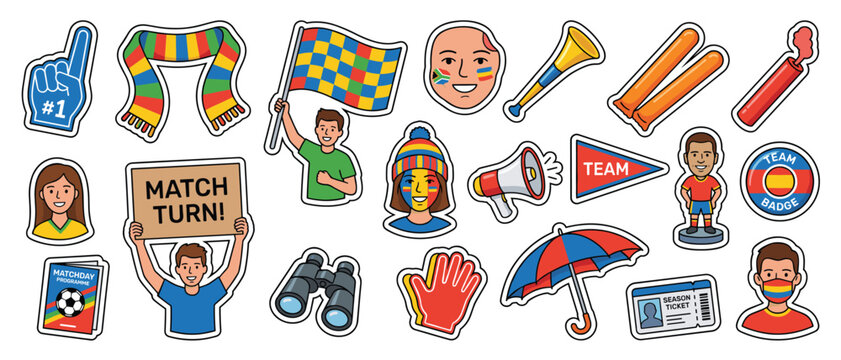 Fan gear sticker pack vector illustration set with scarf flag horn face paint umbrella and team badge icons for soccer supporter design
