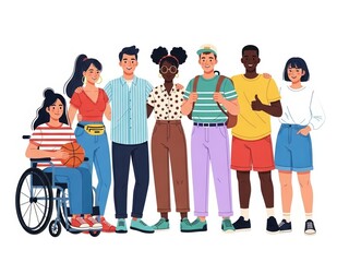 Fototapeta premium Diverse group of young people including person in wheelchair, friendship and inclusion
