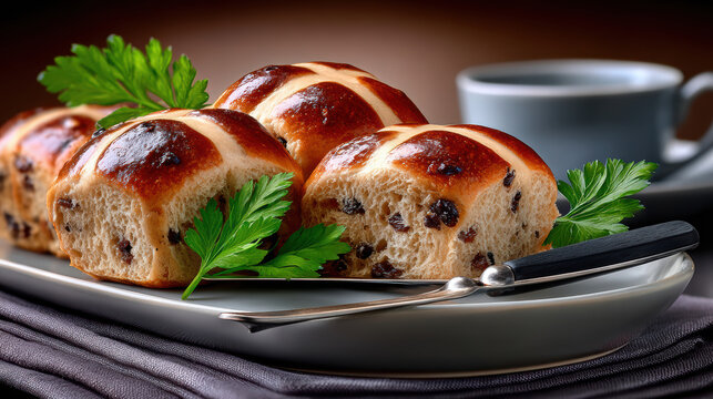 Plate of hot cross buns with parsley and cup on table for easter breakfast background and bakery menu display design