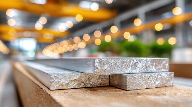 Closeup aluminum bar edges stacked on wooden pallet with bokeh workshop background for industrial product display and material detail